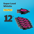 Super Loud Whistle for sea with pink label in a value pack of 12 on a blue background