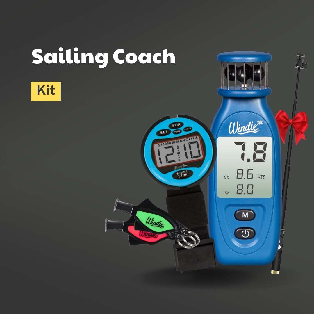 Sailing Coach Kit with wind speed and direction meter on a dark background