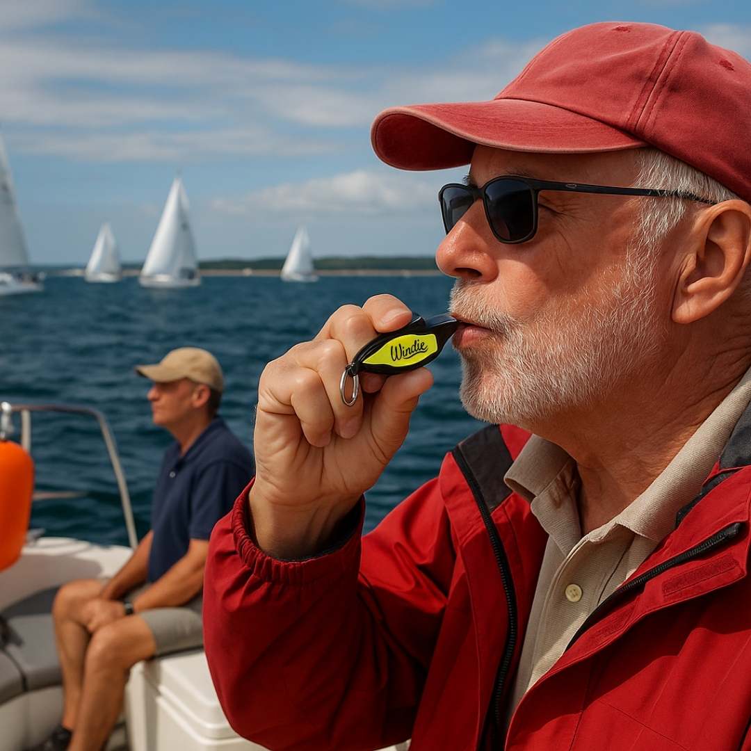 Man on a boat blowing into a Whistle while sailing with other boats in the background.