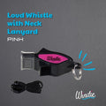 Windie.pro pink and black pea-less whistle with neck lanyard. Durable plastic with rust-resistant metal grip, works when wet.