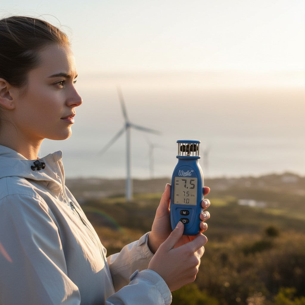 windie.pro blue handheld anemometer value pack of 10, measures wind speed in knots and km/h.