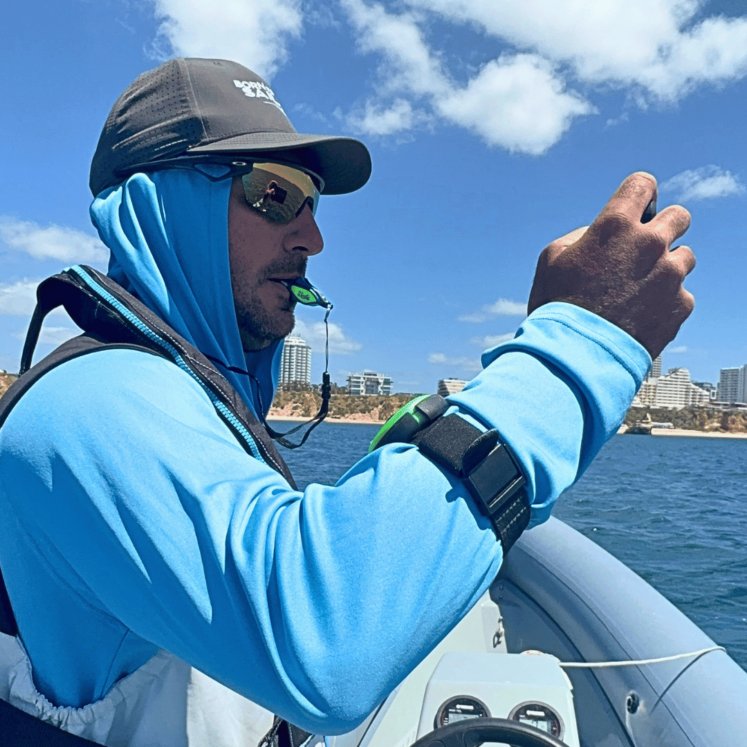 Windie.pro Sailing Coach Kit with blue anemometer, digital stopwatch, and two whistles.