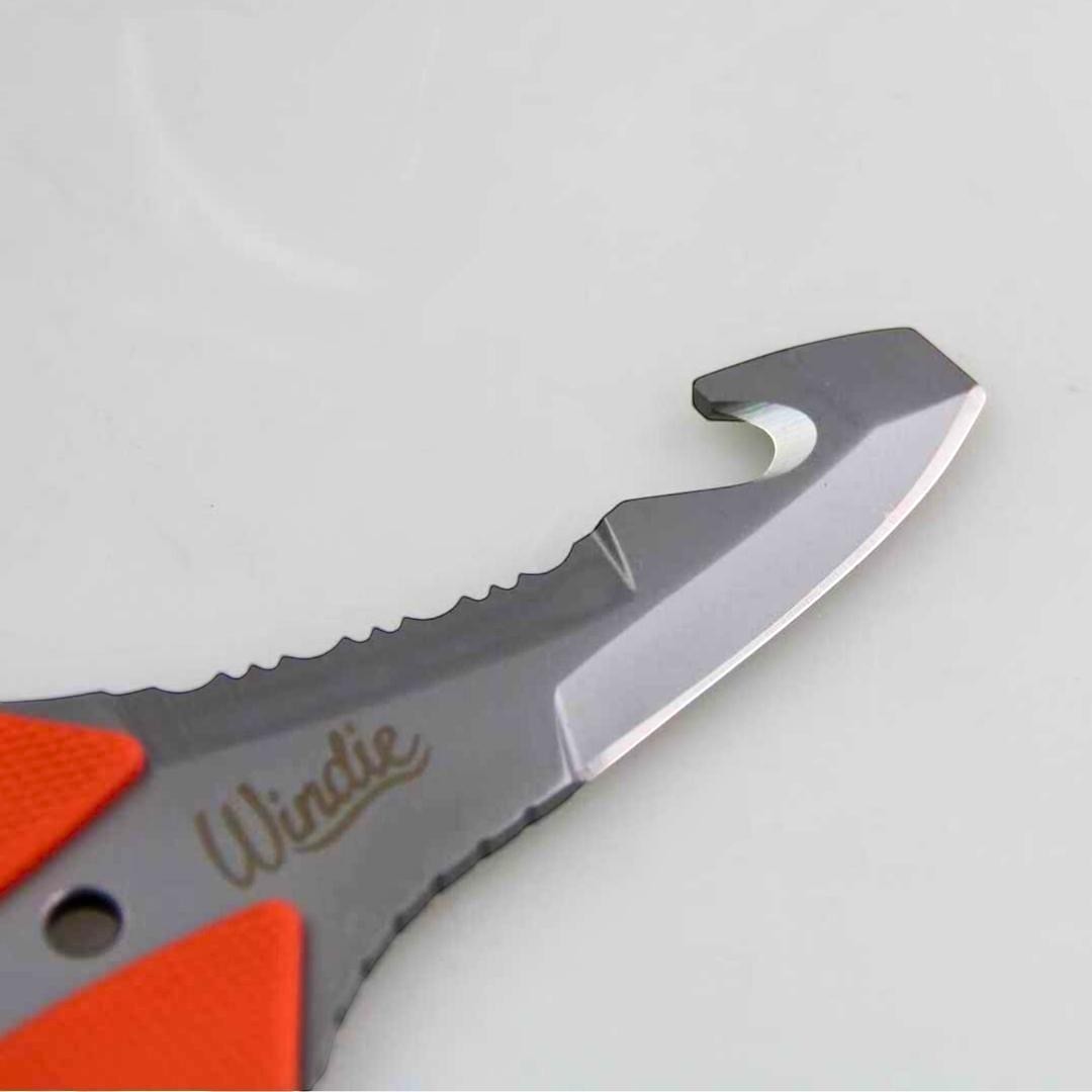 Windie.pro marine rescue knife with orange non-slip grip, serrated blade, and hook tip for safety.