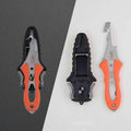 Windie marine rescue knife with orange non-slip grip, serrated blade, and hook tip. Includes black sheath.