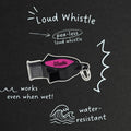 Windie pea-less loud whistle, black with pink insert, works even when wet, water-resistant.