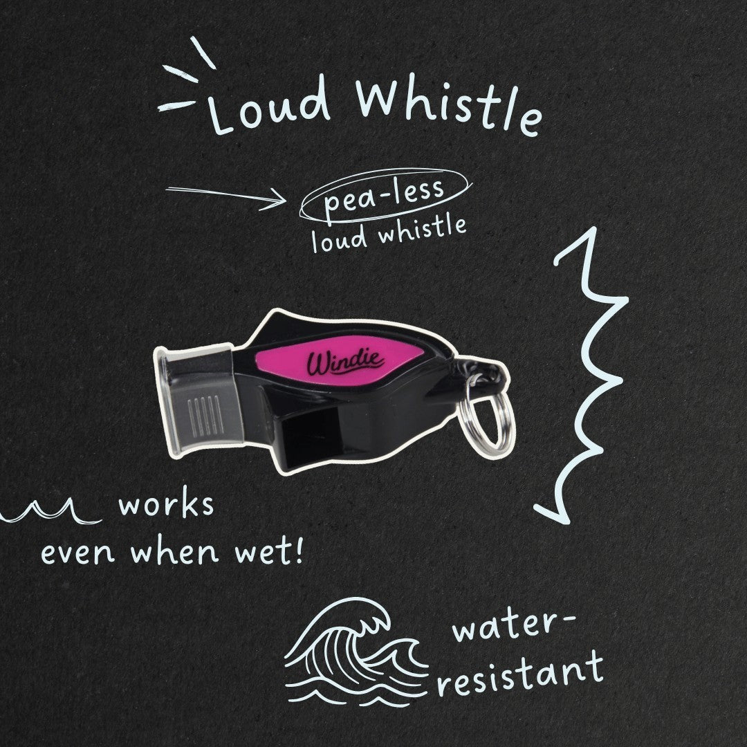 Windie pea-less loud whistle, black with pink insert, works even when wet, water-resistant.
