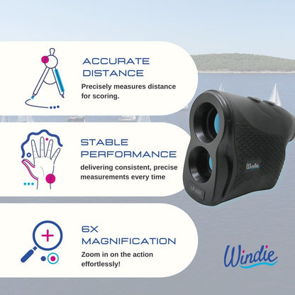 Windie Sailing Precision Trio rangefinder with 6x magnification for accurate distance measurement on the water.