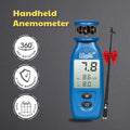 Windie.pro blue handheld anemometer with digital display showing wind speed, includes 360 rotation, 2-year warranty, and free monopd stick.