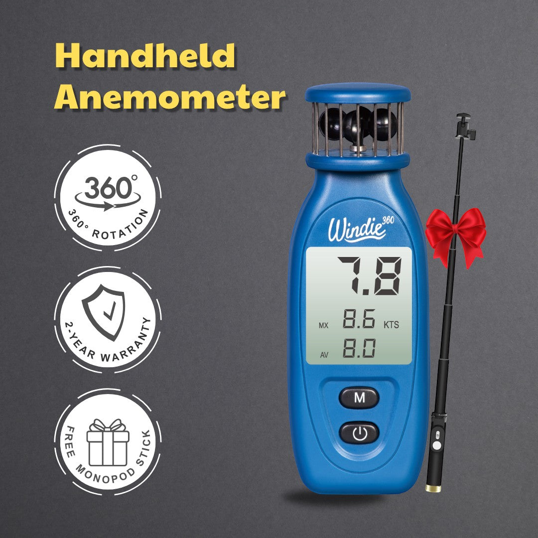 Windie.pro blue handheld anemometer with digital display showing wind speed, includes 360 rotation, 2-year warranty, and free monopd stick.