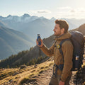 Man in mountains holding windie.pro anemometer and compass set. Outdoor navigation gear.