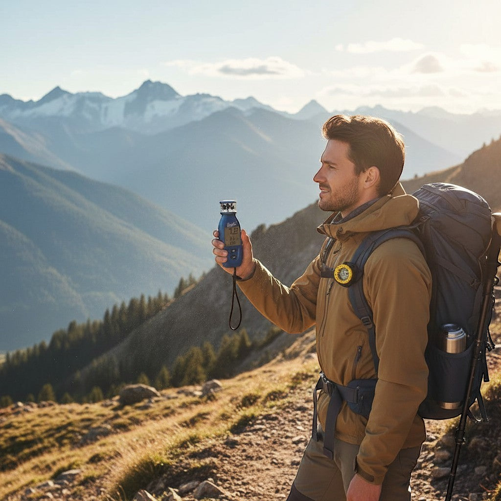 Man in mountains holding windie.pro anemometer and compass set. Outdoor navigation gear.