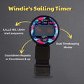 Windie Sailing Race Timer with a printed wave design in blue, pink, and black. Features dual timekeeping modes and countdown functions.