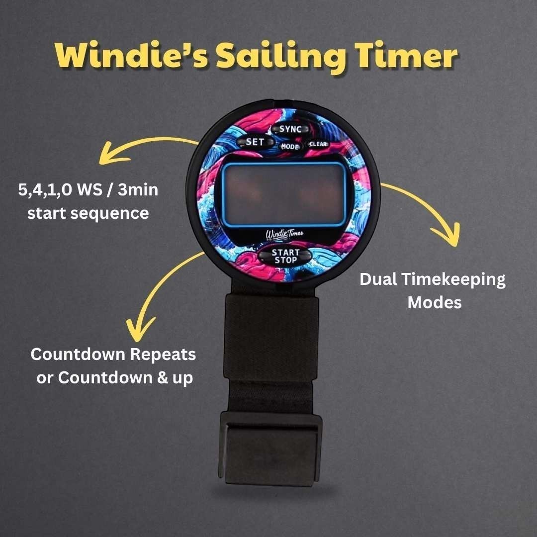 Windie Sailing Race Timer with a printed wave design in blue, pink, and black. Features dual timekeeping modes and countdown functions.