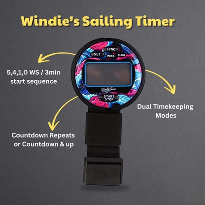 Windie Sailing Race Timer with a printed wave design in blue, pink, and black. Features dual timekeeping modes and countdown functions.