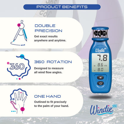 windie.pro blue handheld wind meter with digital display showing wind speed in knots, 360-degree measurement.