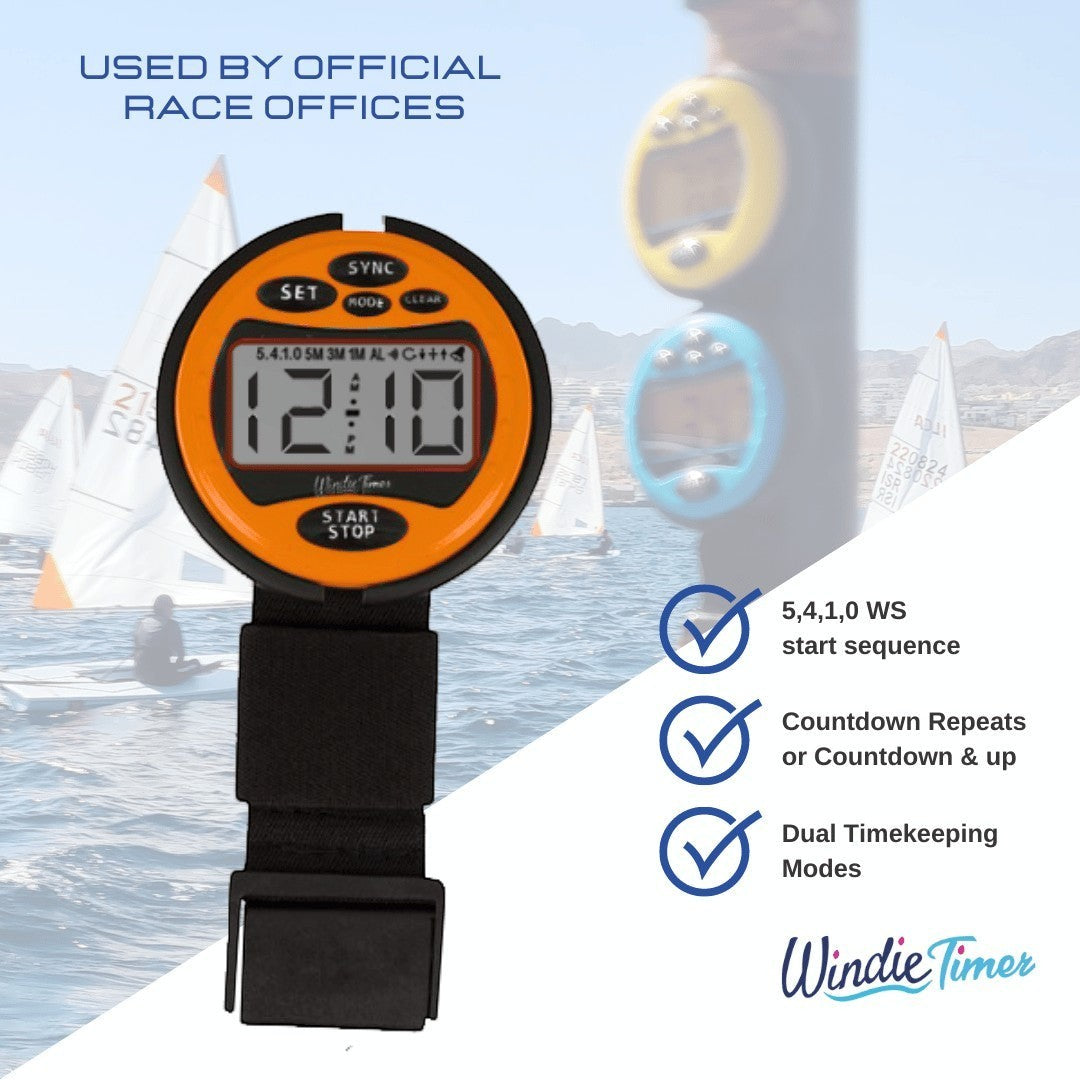 Windie.pro orange race stopwatch timer with digital display, 50m water resistance, and adjustable strap for sailing.
