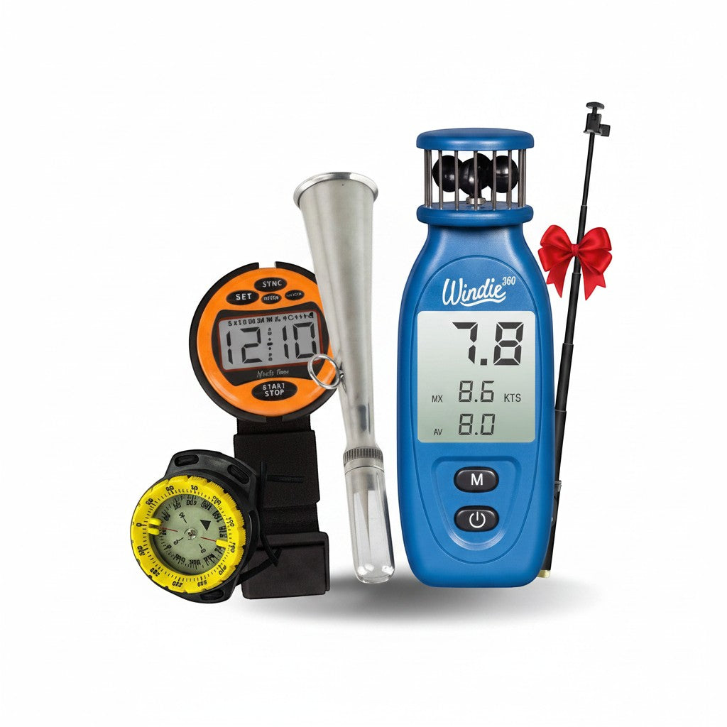 windie.pro Pin End Kit with blue wind meter, yellow compass, stopwatch, and wind measurement tool.