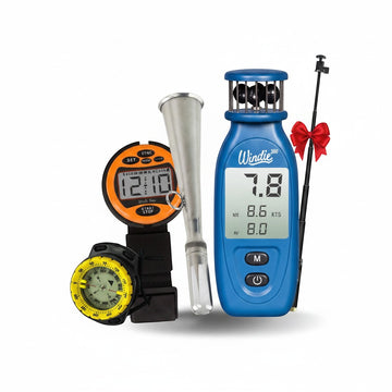 windie.pro Pin End Kit with blue wind meter, yellow compass, stopwatch, and wind measurement tool.
