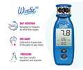 Windie.pro blue handheld anemometer with digital display showing wind speed in knots. Features 360 rotation and one-hand operation.