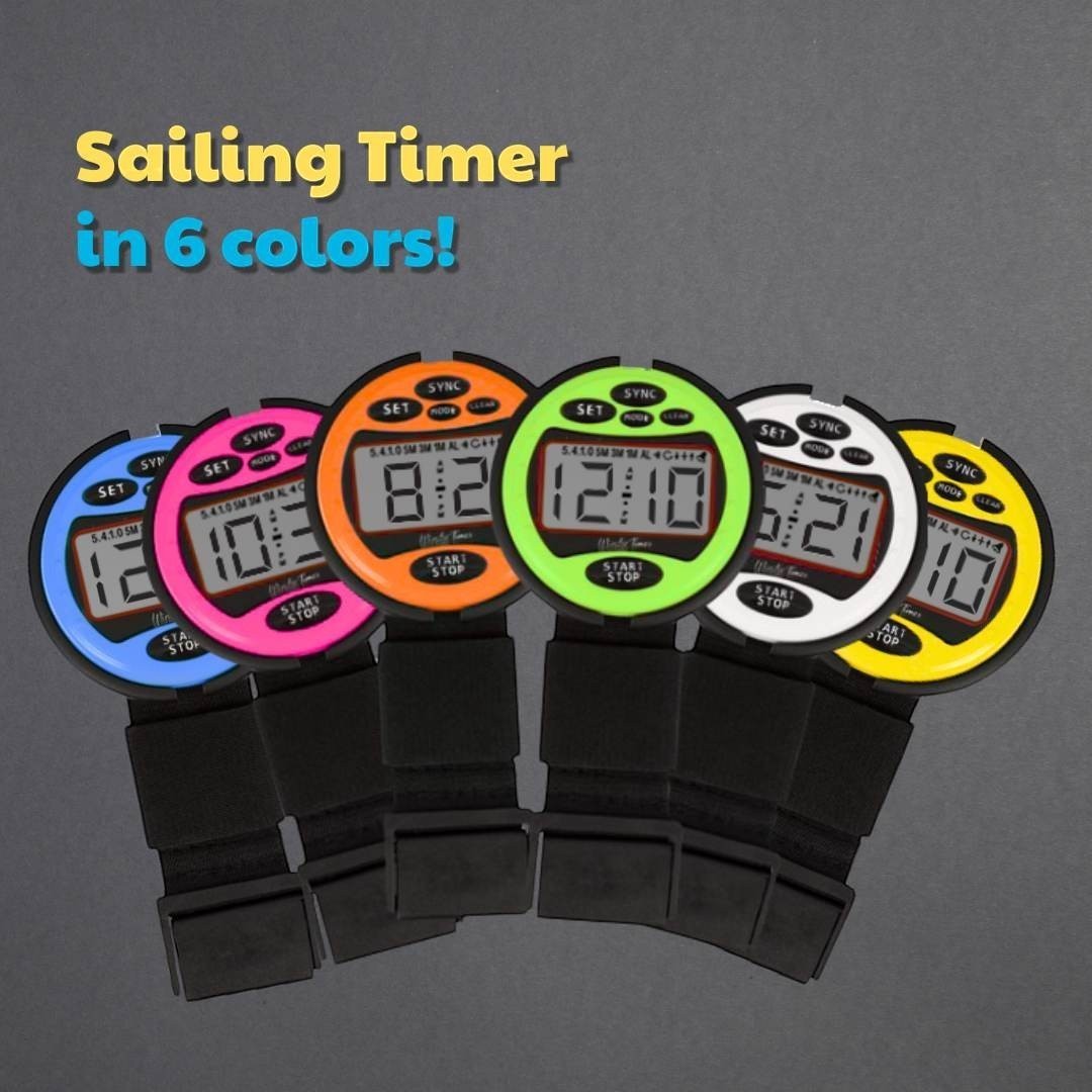 windie.pro sailing timer with digital display, available in blue, pink, orange, green, white, and yellow. Features start/stop button.