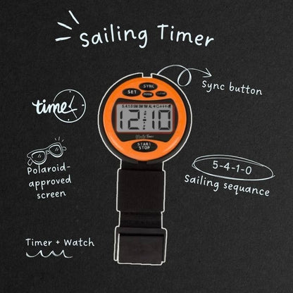 Windie.pro orange sailing timer watch with sync button and 5-4-1-0 sequence display. Features timer and watch functions.