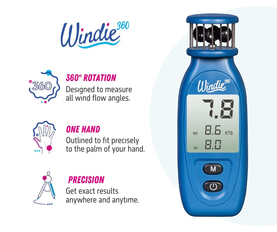 Windie.pro blue handheld digital wind meter with 360 rotation, one-hand design, and precision display showing wind speed in knots.
