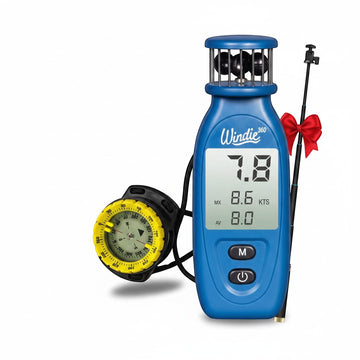 windie.pro Essential Duo Wind Meter and Compass Set, blue digital wind meter with large display and yellow-faced compass.