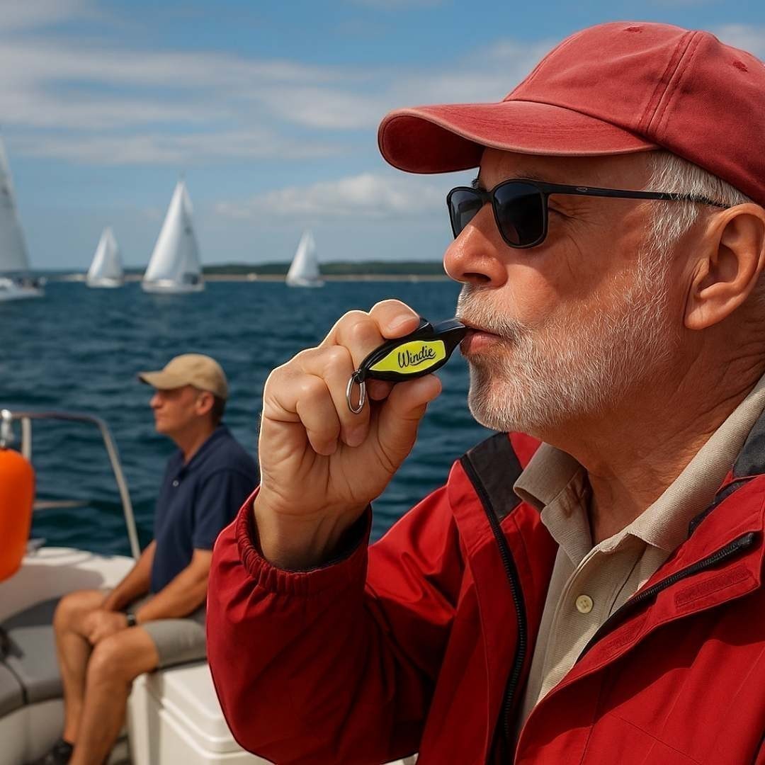 Windie.pro yellow pea-less whistle with rust-resistant metal grip and neck lanyard, used by a man on a boat.