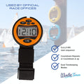 Windie.pro orange sailing stopwatch with digital display, black strap, and multiple functions for race timing. Also shows blue and yellow timers in background.