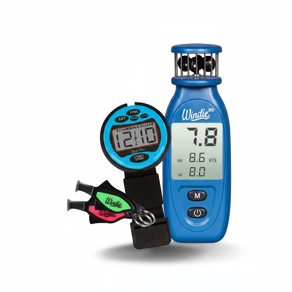 Windie.pro Sailing Coach Kit with blue anemometer, digital stopwatch, and two whistles.