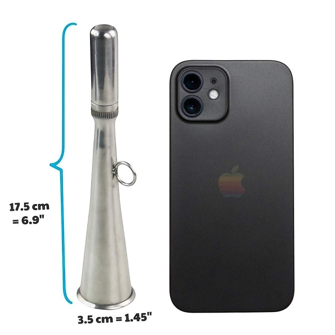 windie.pro stainless steel handheld fog horn, 17.5 cm long, with a loop for attachment. Shown next to a black smartphone for scale.