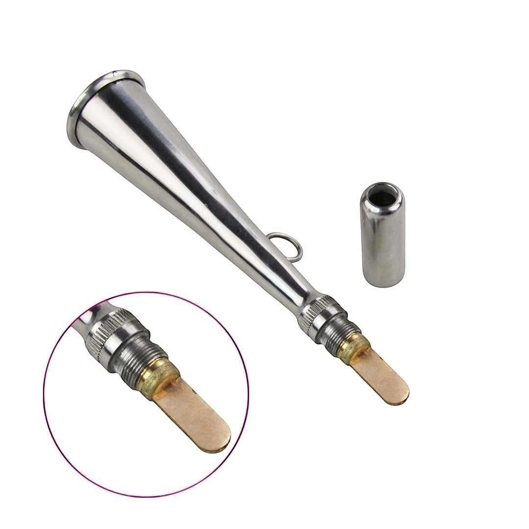 windie.pro stainless steel handheld fog horn, 17cm long, with a loop for attachment. Includes a protective cap.
