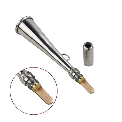 windie.pro stainless steel handheld fog horn, 17cm long, with a loop for attachment. Includes a protective cap.