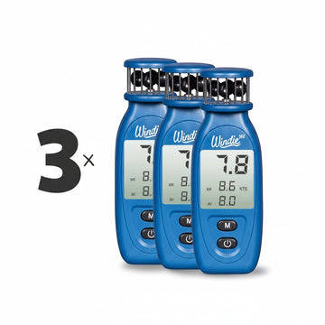 windie.pro Professional Handheld Wind Meter 3-Unit Bundle, blue digital anemometer with LCD screen, measures wind speed.