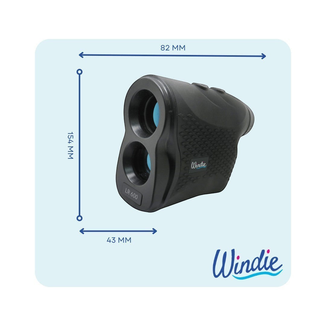 Black windie.pro LR600 laser distance meter with 6X magnification and 600m range, ideal for sports and outdoor use.