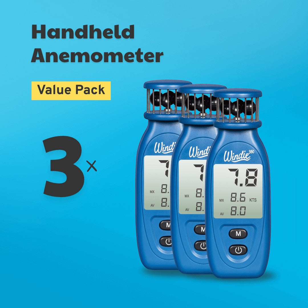 windie.pro blue handheld anemometer value pack, 3 units, digital display showing wind speed