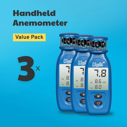 windie.pro blue handheld anemometer value pack, 3 units, digital display showing wind speed