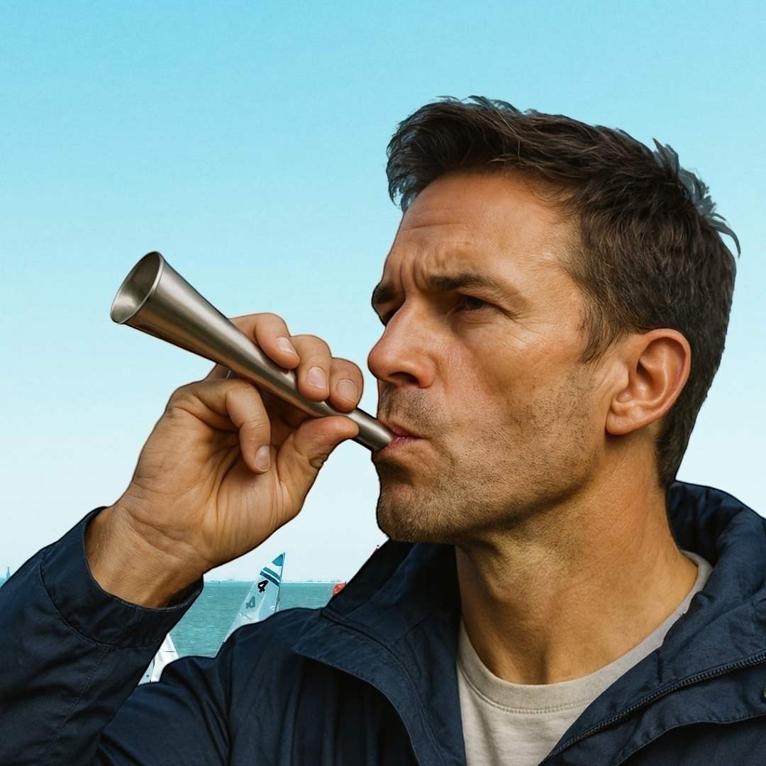 Man in navy jacket blowing a stainless steel handheld fog horn by the sea with sailboats in the background. windie.pro marine horn.