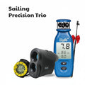windie.pro Sailing Precision Trio Set: blue wind meter, black rangefinder, yellow compass. Essential sailing tools.