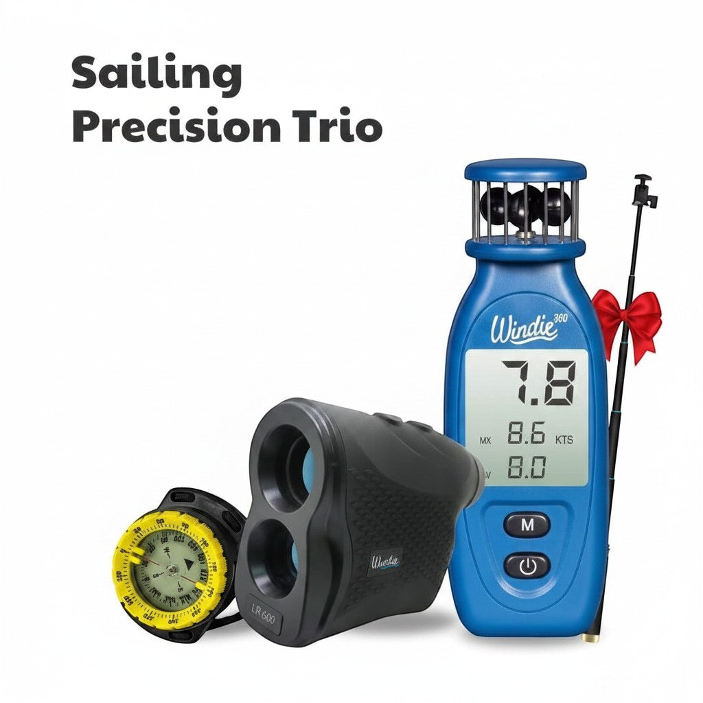 windie.pro Sailing Precision Trio Set: blue wind meter, black rangefinder, yellow compass. Essential sailing tools.