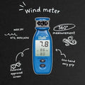 windie.pro blue handheld anemometer with digital display showing wind speed in KTS, MPH, KPH. Features 360 measurement and one-hand grip.