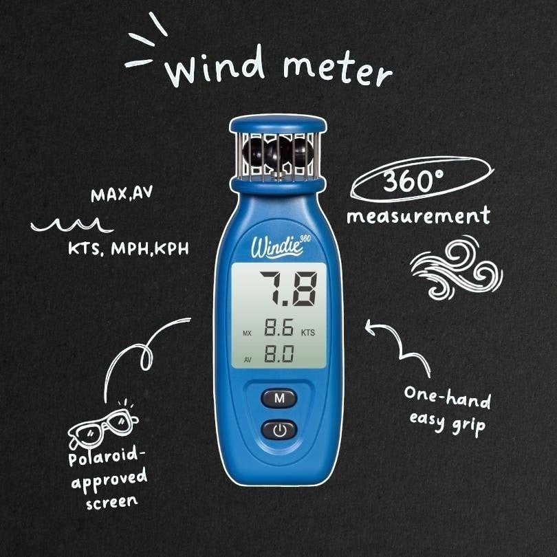windie.pro blue handheld anemometer with digital display showing wind speed in KTS, MPH, KPH. Features 360 measurement and one-hand grip.
