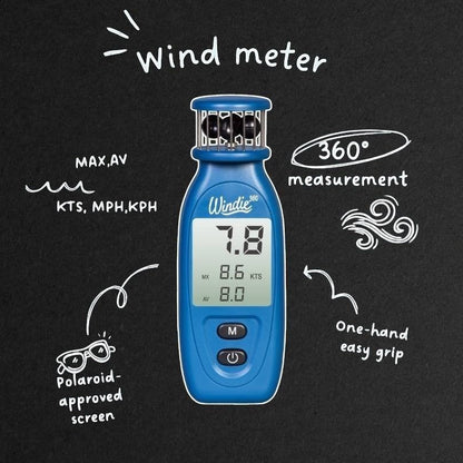 windie.pro blue handheld anemometer with digital display showing wind speed in KTS, MPH, KPH. Features 360 measurement and one-hand grip.