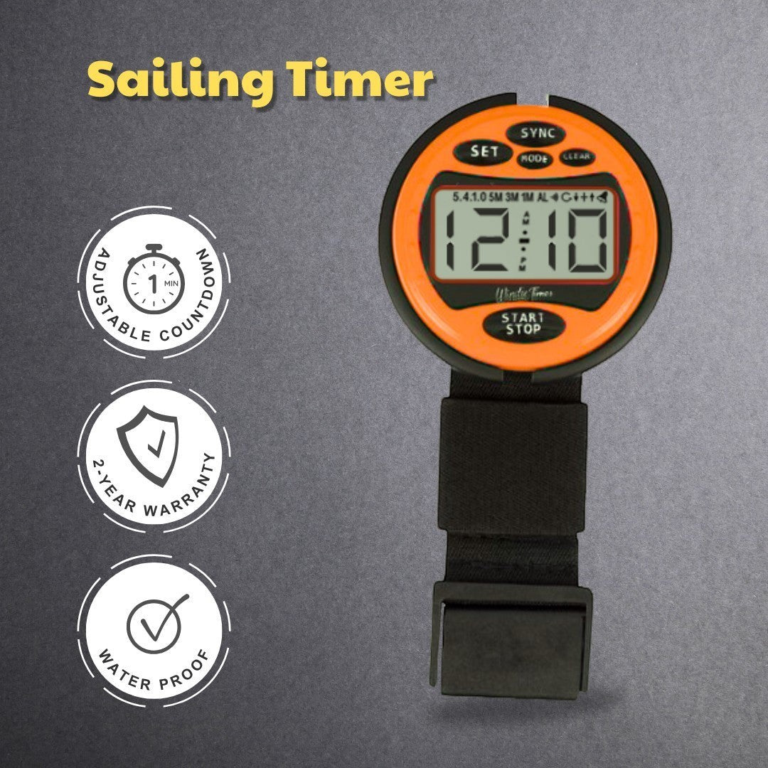 windie.pro orange sailing race stopwatch timer with adjustable countdown, 50m water resistance, and 2-year warranty.