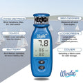 windie.pro blue handheld anemometer with LCD screen displaying wind speed, ideal for sailors and water sports.
