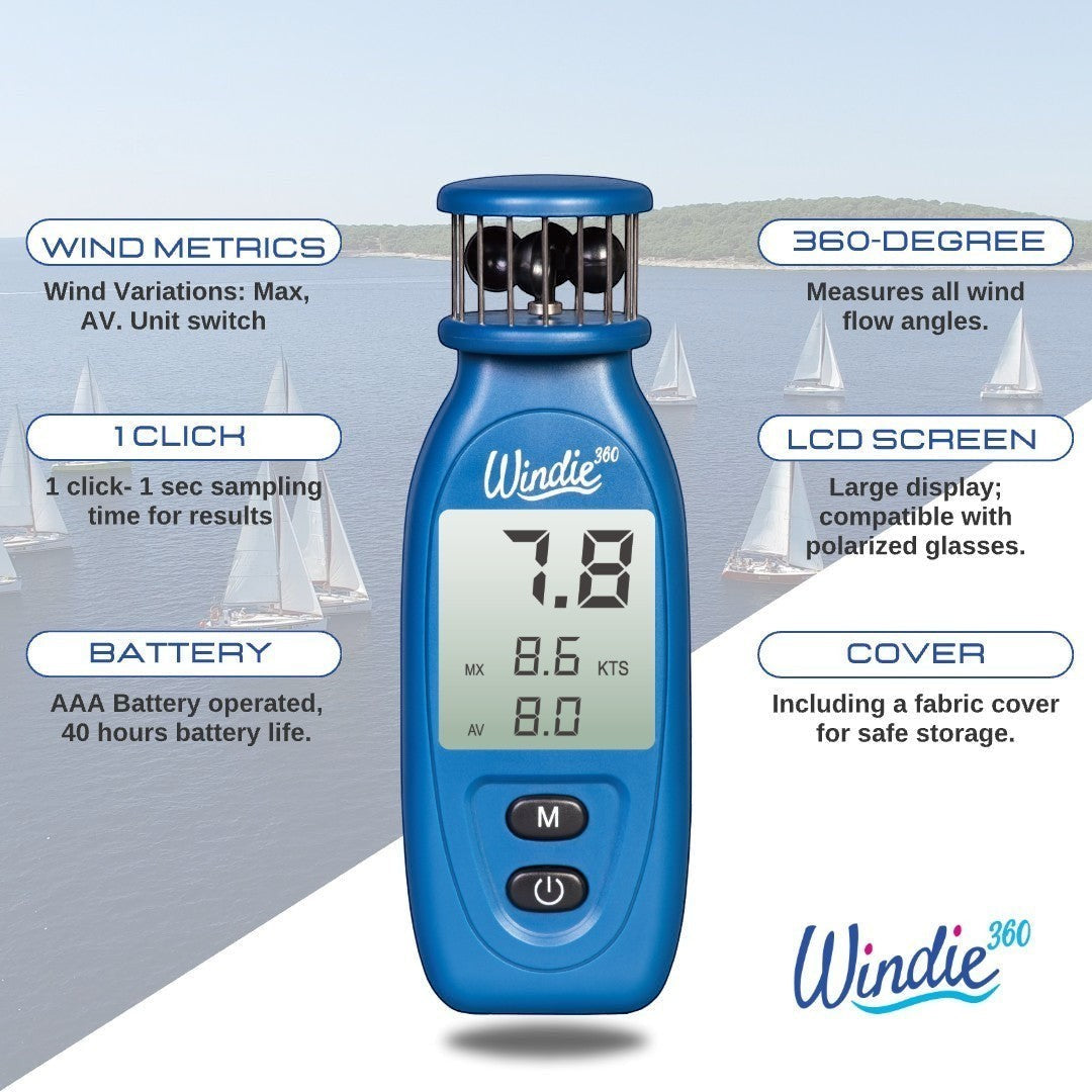 windie.pro blue handheld anemometer with LCD screen displaying wind speed, ideal for sailors and water sports.