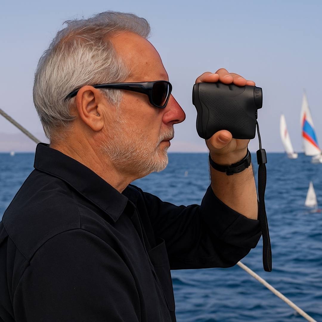 windie.pro Laser Distance Meter LR600, black, held by a man on a sailboat, measuring distance to other sailboats.