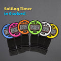 windie.pro sailing timers in blue, pink, orange, green, white, and yellow. Digital display with start/stop button.