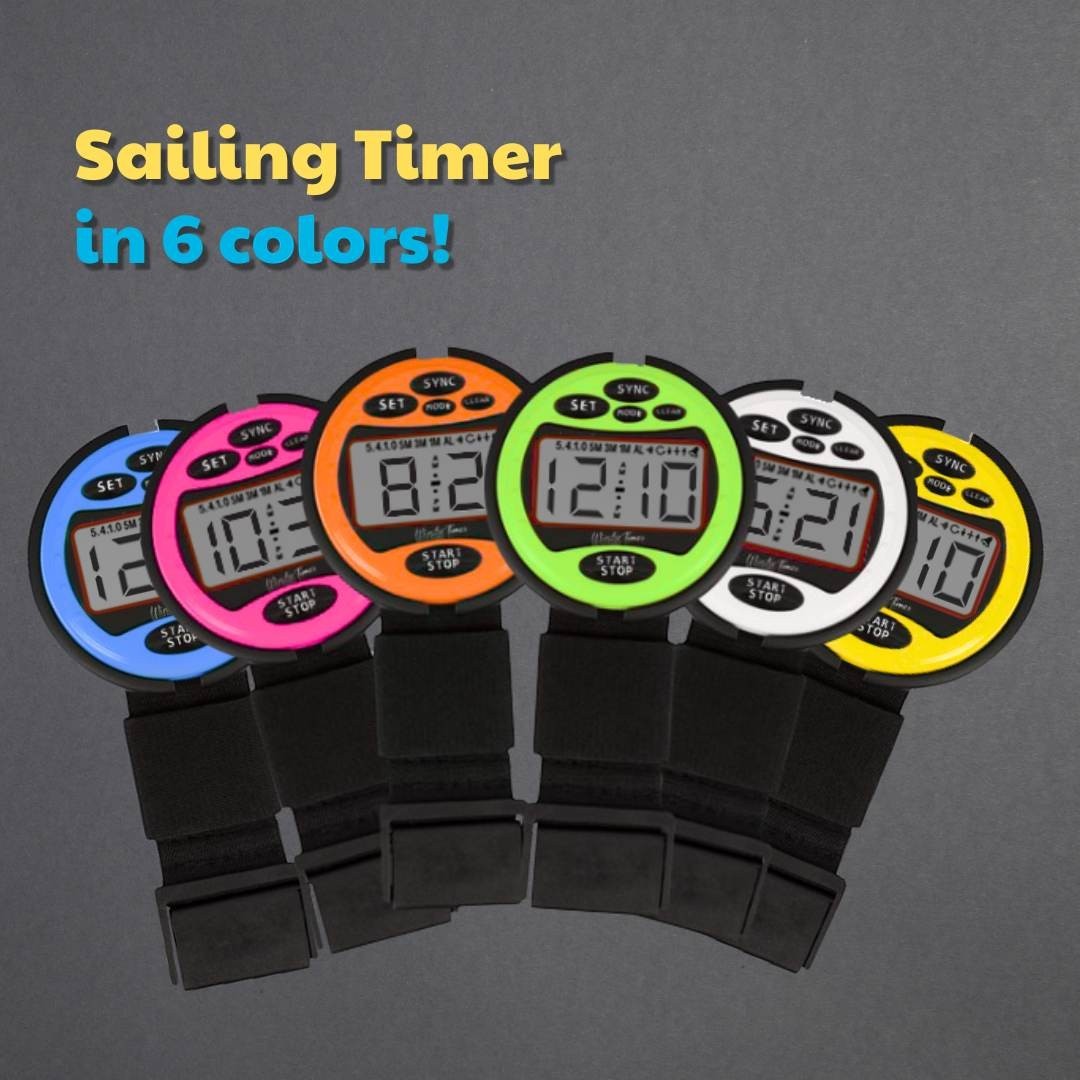 windie.pro sailing timers in blue, pink, orange, green, white, and yellow. Digital display with start/stop button.