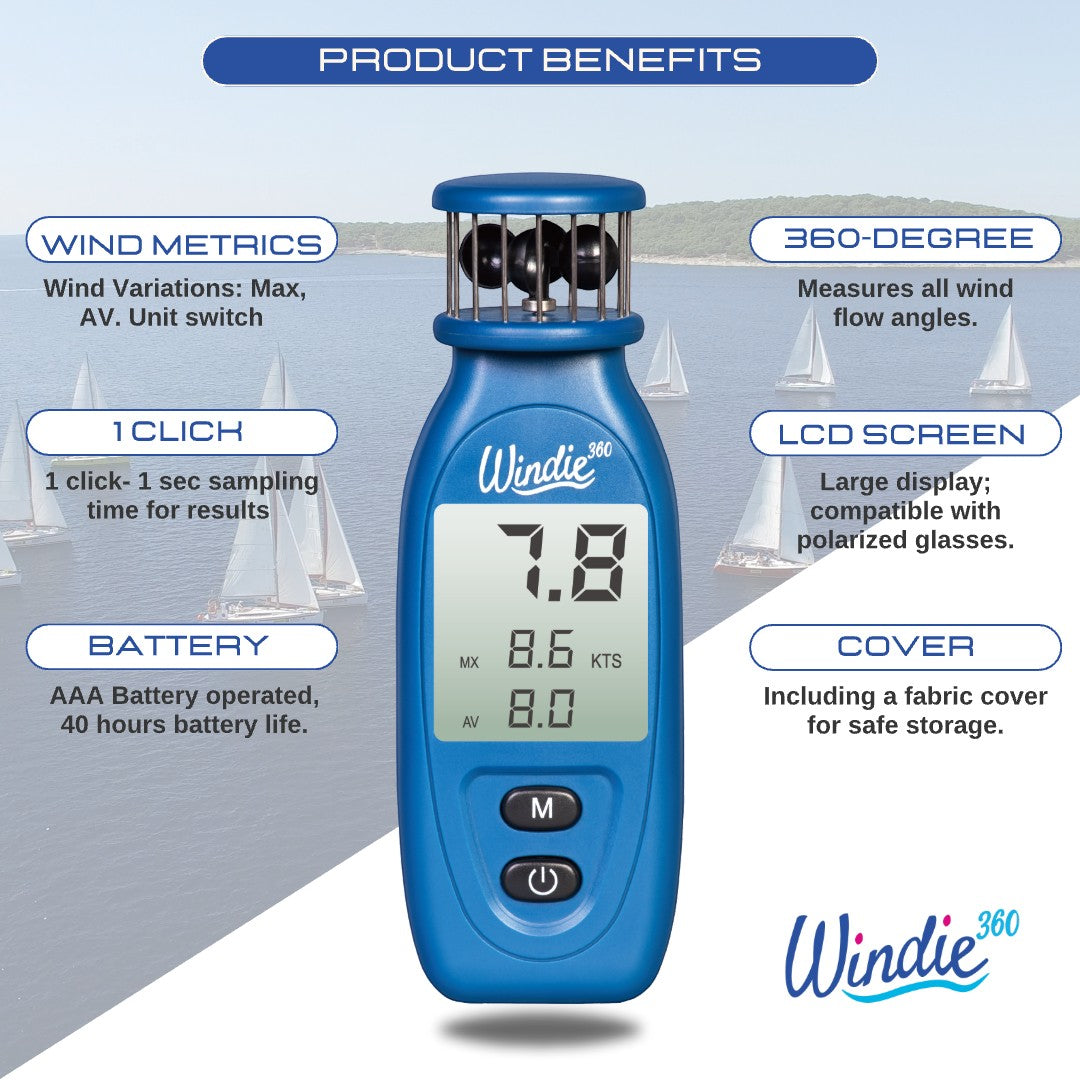 windie.pro blue handheld wind meter with LCD screen, measures wind speed in knots and km/h, ideal for sailing and kite surfing.